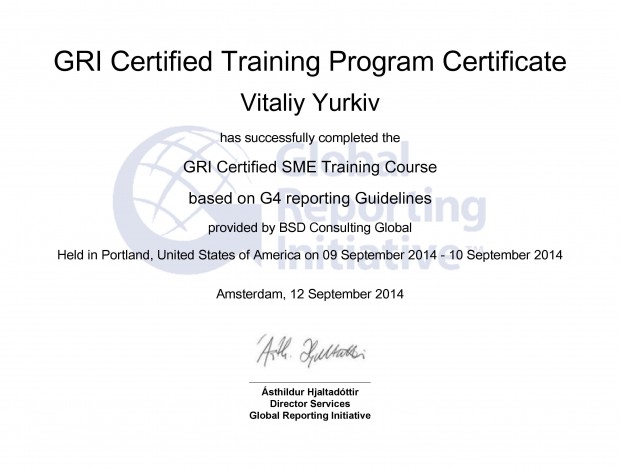 Sust Mgmt Reporting G4 GRI Certificate NoTR99613_Yurkiv